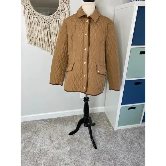 Chico's Quilted Midlength Jacket Neutral Tan Faux Leather Trim Size 3/US 16/18 - Picture 2 of 7